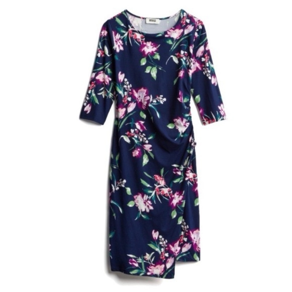 Verse Women’s Navy Blue Floral Knee Length Knit Dress 3/4 Sleeve Size M - NWOT